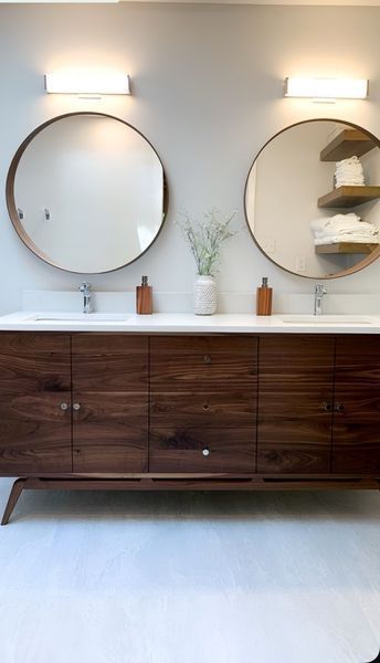 Bathroom with a dark wood vanity, round mirrors, and sconces.