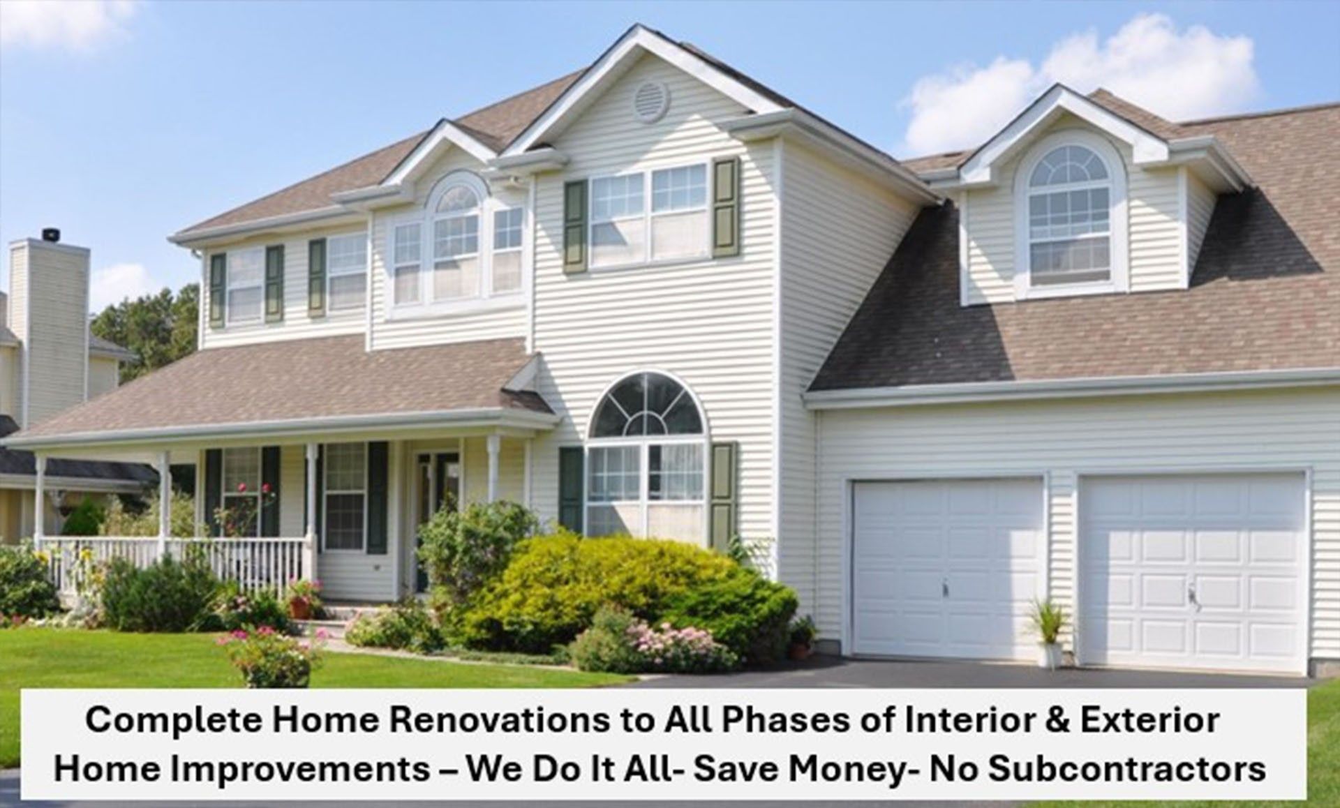 Blue two-story house with white trim, brown door, and stone path leading to the entrance.