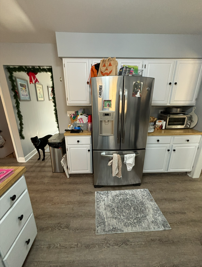 A stainless steel refrigerator stands in a white kitchen with a patterned rug and a black dog in the adjacent hallway.