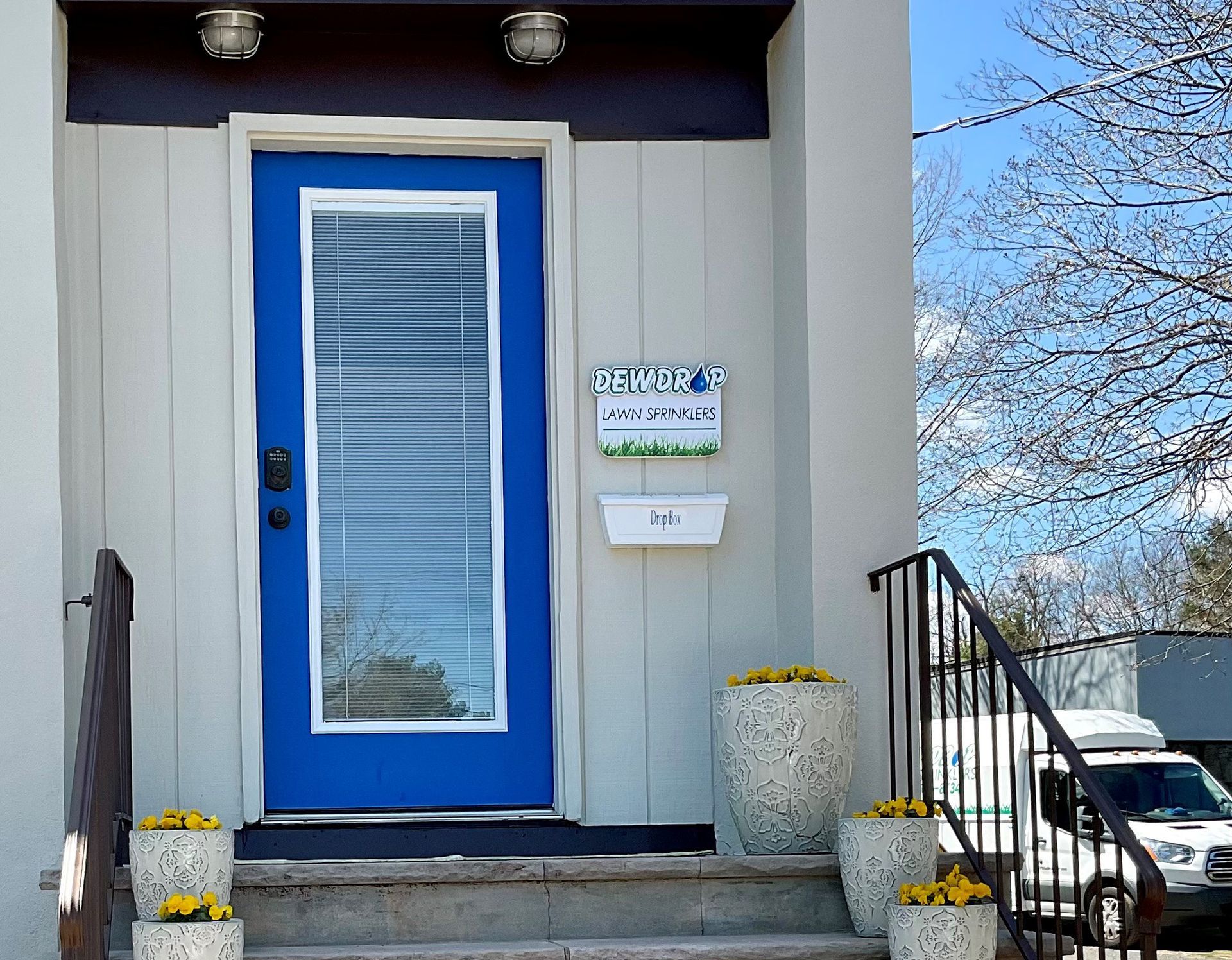 The entrance to the Dew Drop Lawn Sprinklers office