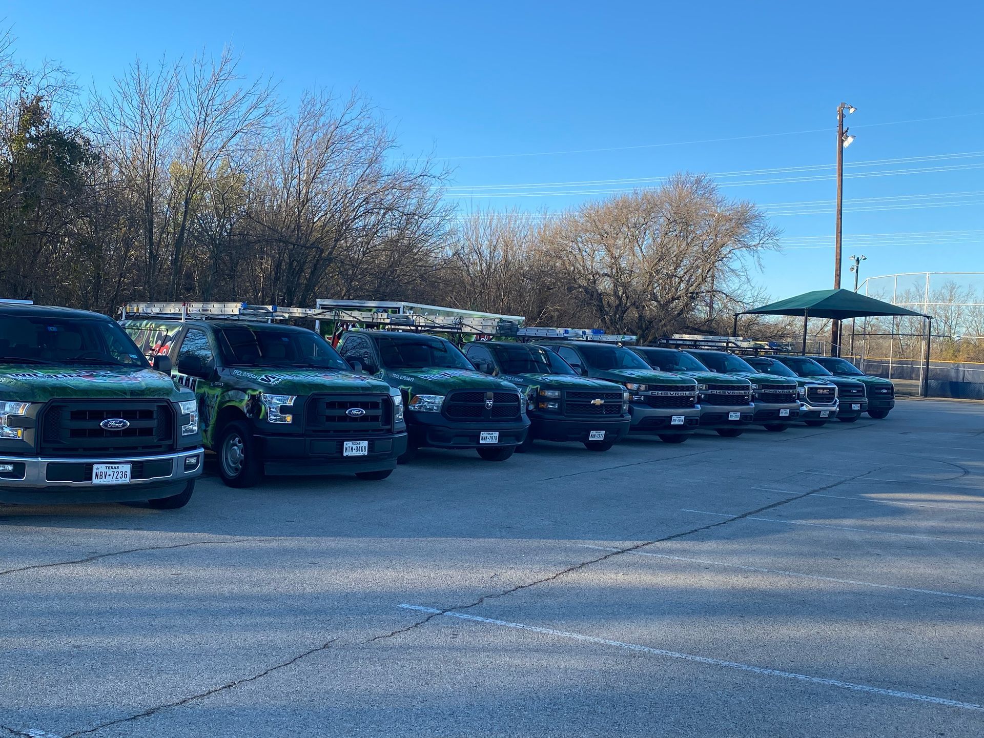 Row of dark green SUVs parked outdoors on a sunny lot under a clear blue sky