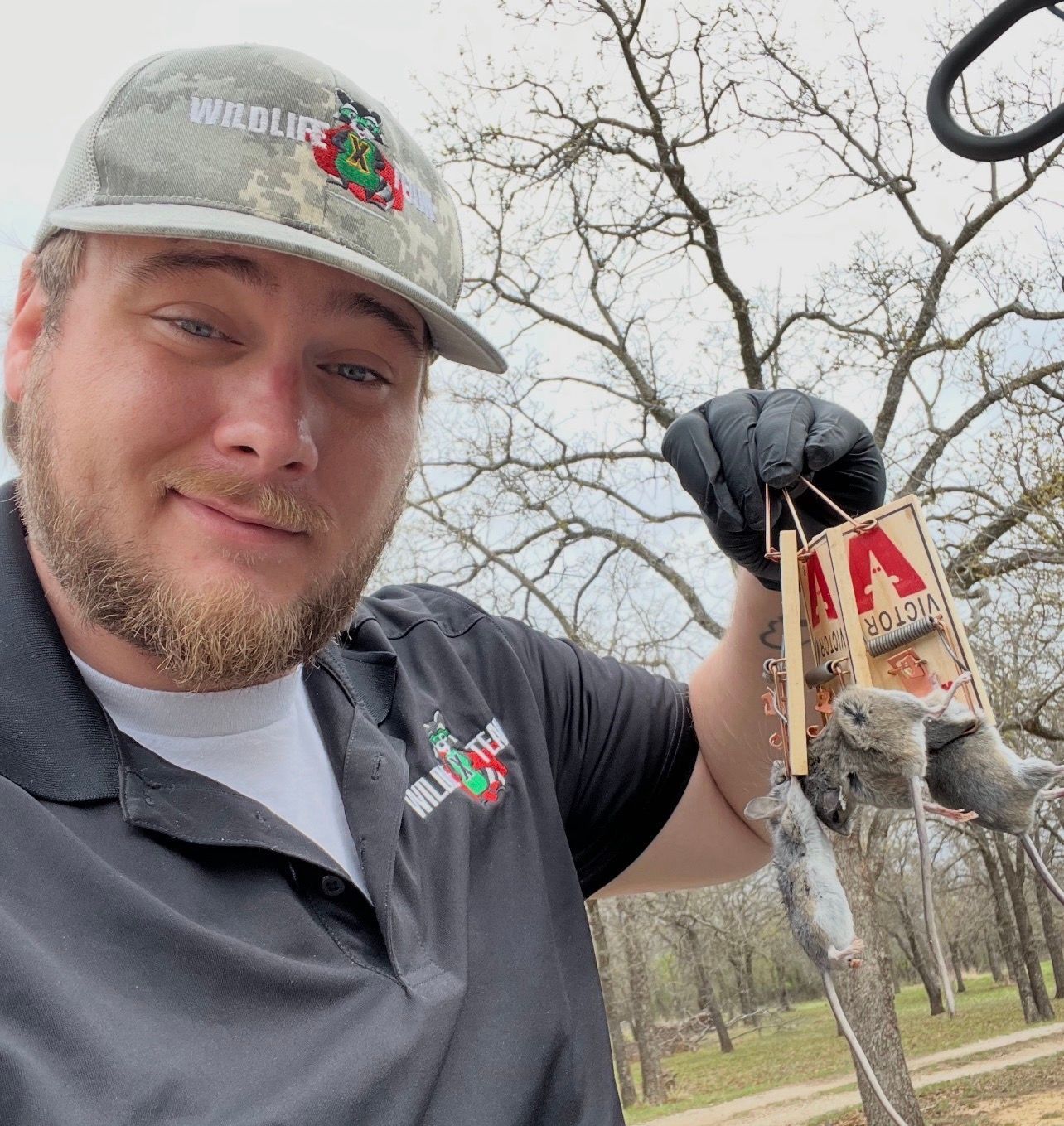Man holding a small squirrel by a hunting tag in a leafless woods, wearing a cap and gray shirt.