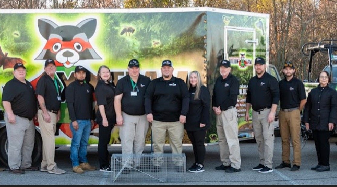 Group of volunteers posing in front of a colorful raccoon mural, wearing black shirts and beige pants.