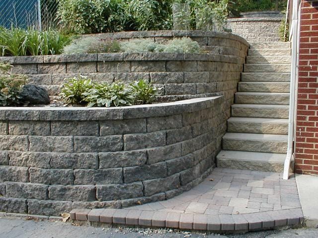 Stone retaining wall with steps and plants.