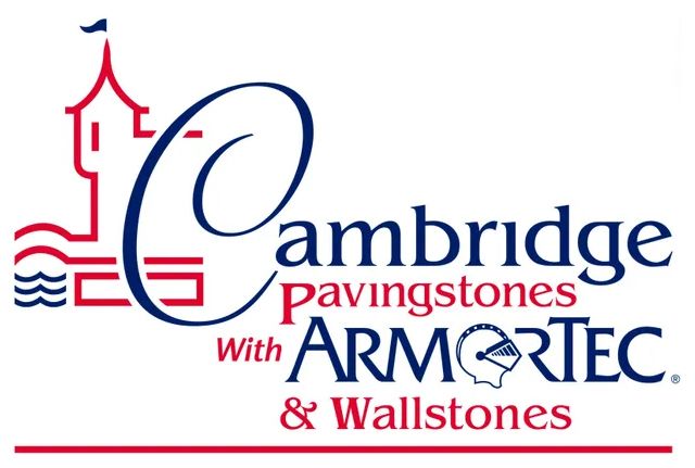 Logo for Cambridge Pavingstones with ArmorTec and Wallstones featuring a red tower icon and blue and red text.