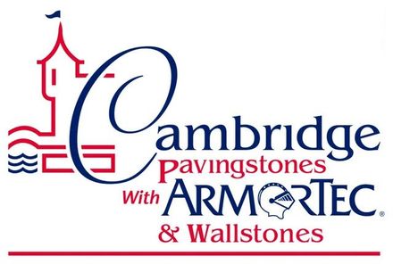 Logo for Cambridge Pavingstones with ArmorTec and Wallstones featuring a red tower icon and blue and red text.
