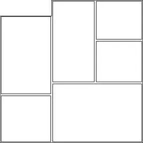 A black and white drawing of a collage of squares on a white background