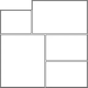 A black and white drawing of a collage of squares on a white background