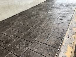 A close up of a concrete walkway with a brick pattern