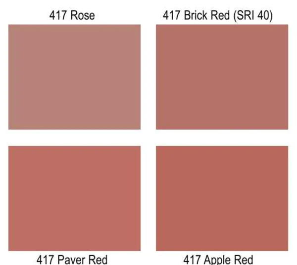 Four squares of different shades of red including 417 rose 417 brick red 417 paver red and 417 apple red