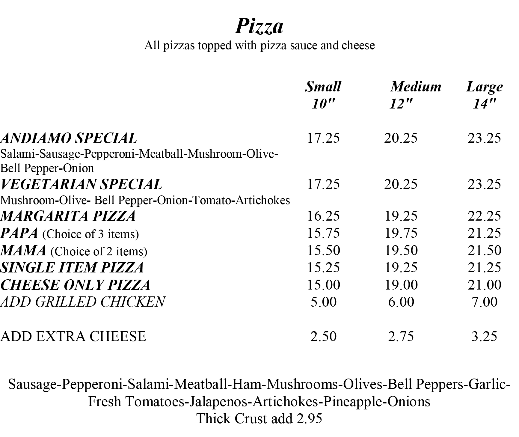 Pizza Menu