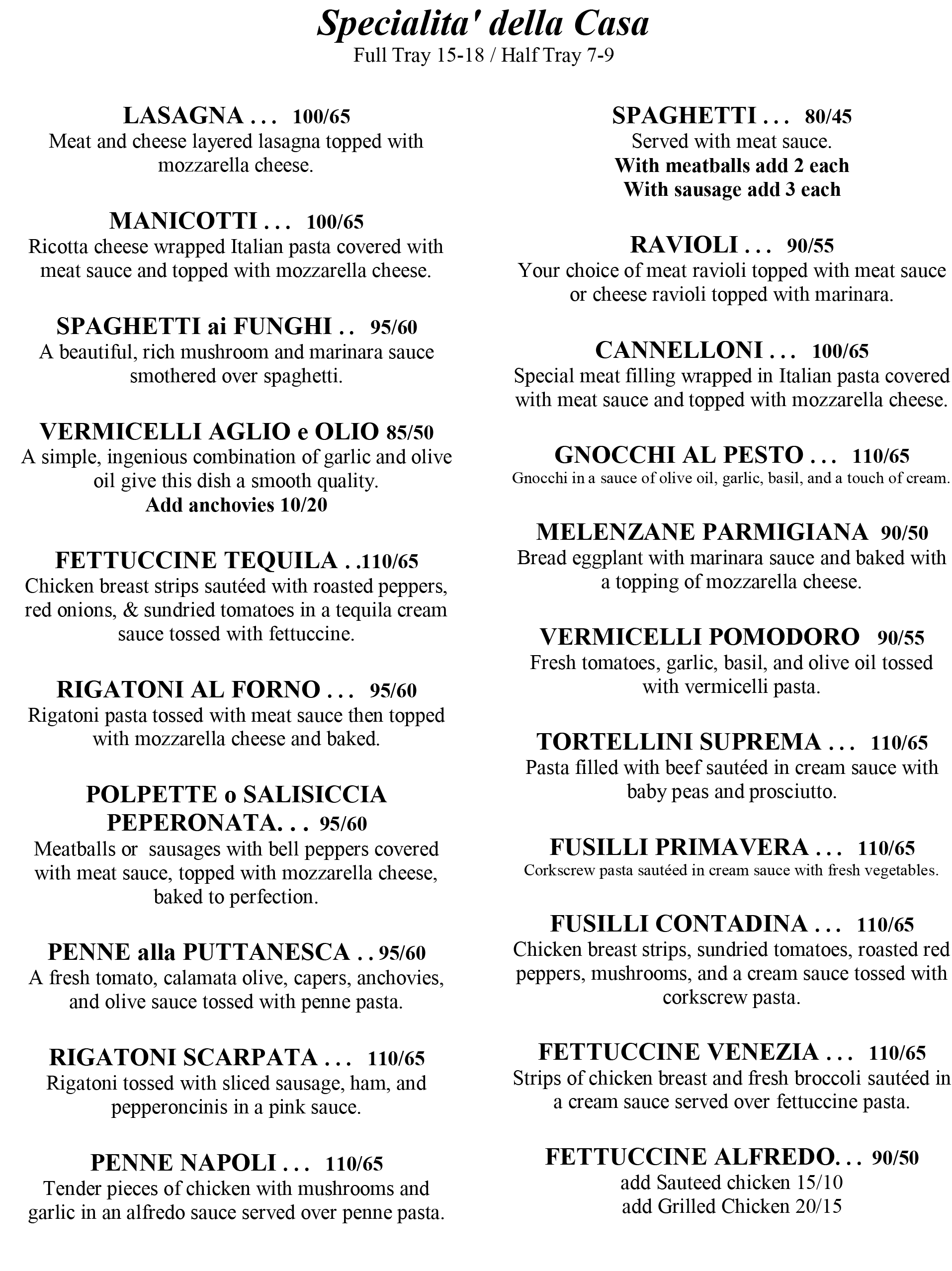 Specialita' della Casa menu categories
