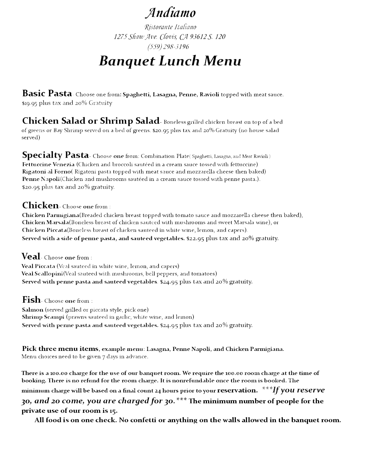 Printed restaurant menu with appetizer, salad, pasta, chicken, veal, fish, and dessert sections
