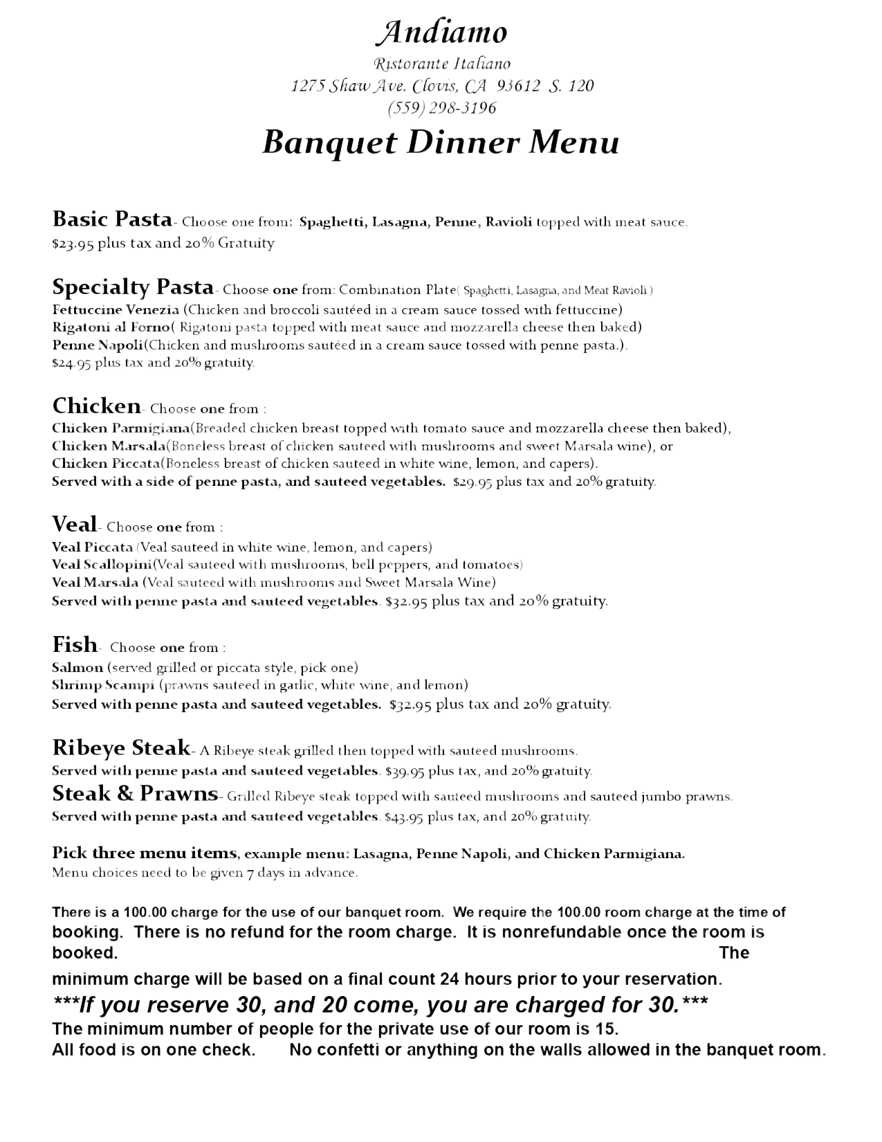 Banquet dinner menu with multiple dish sections and descriptions