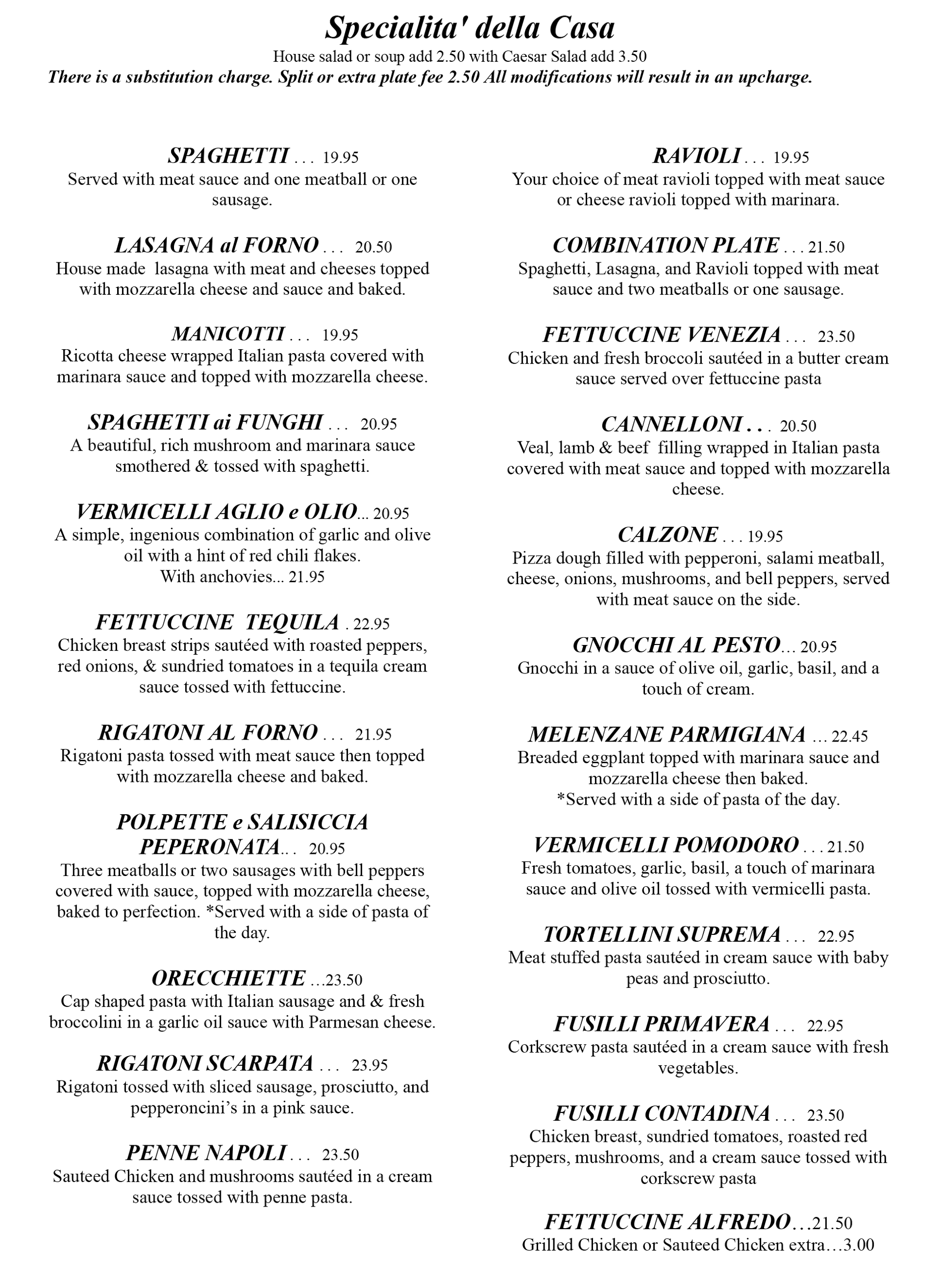 Specialita' della Casa Menu