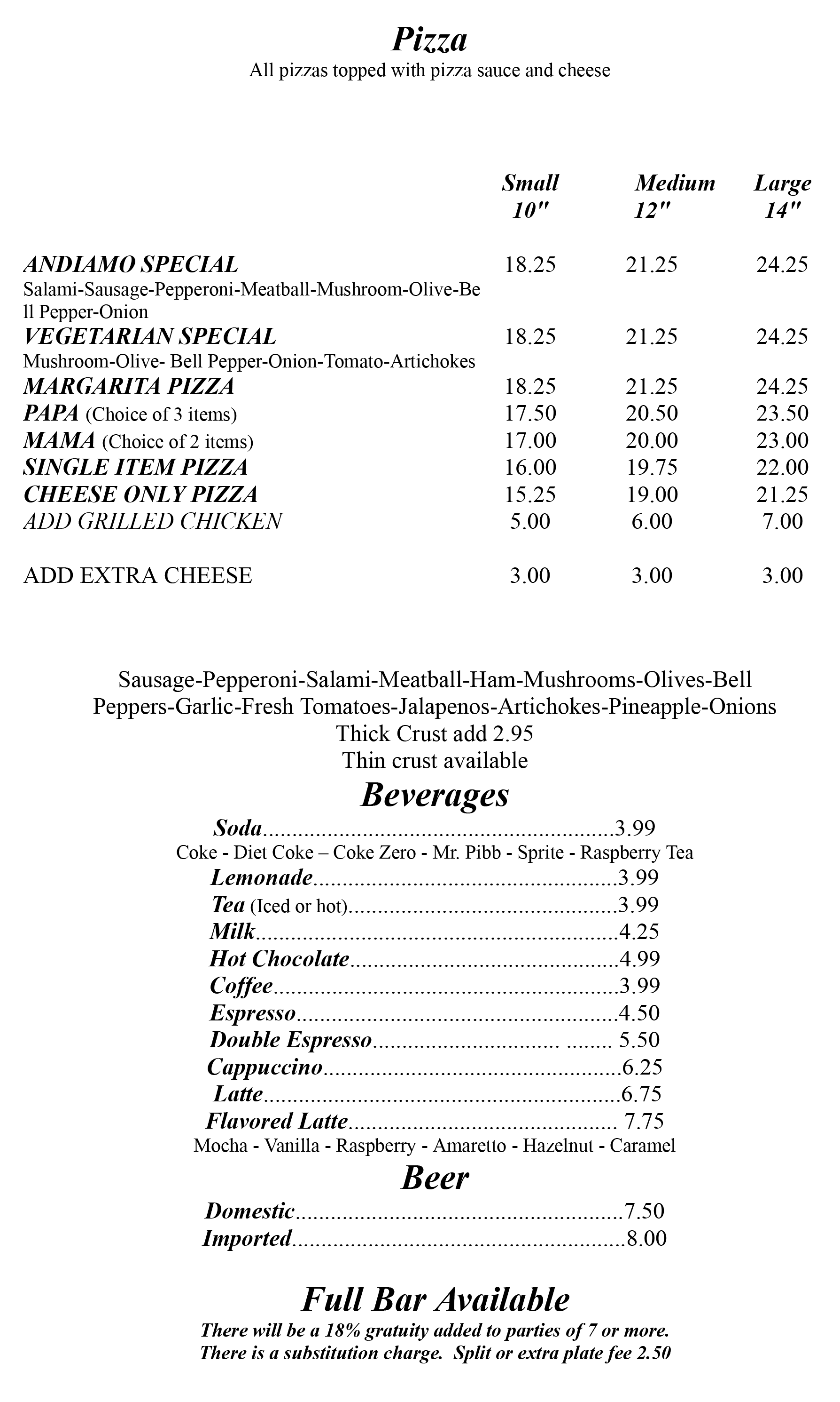 Pizza, Beverages, & Beer Menu