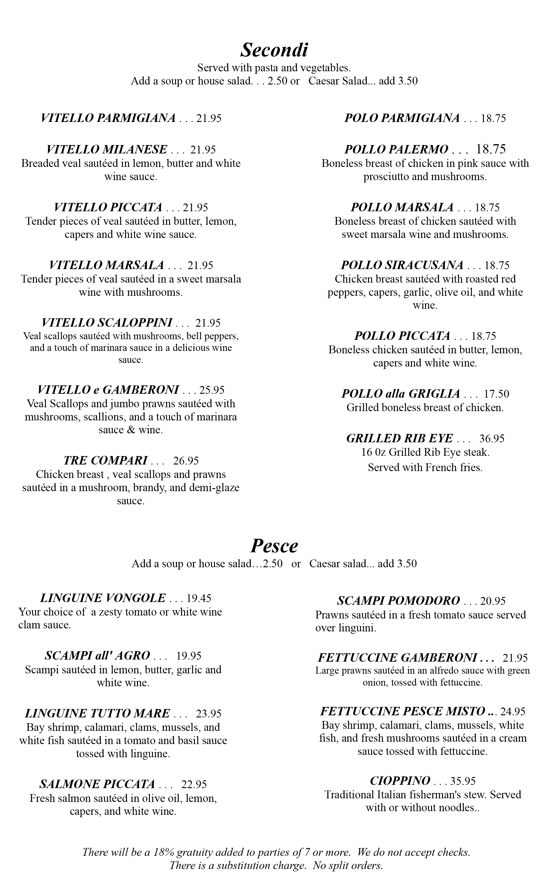 Secondi and Pesce Menu
