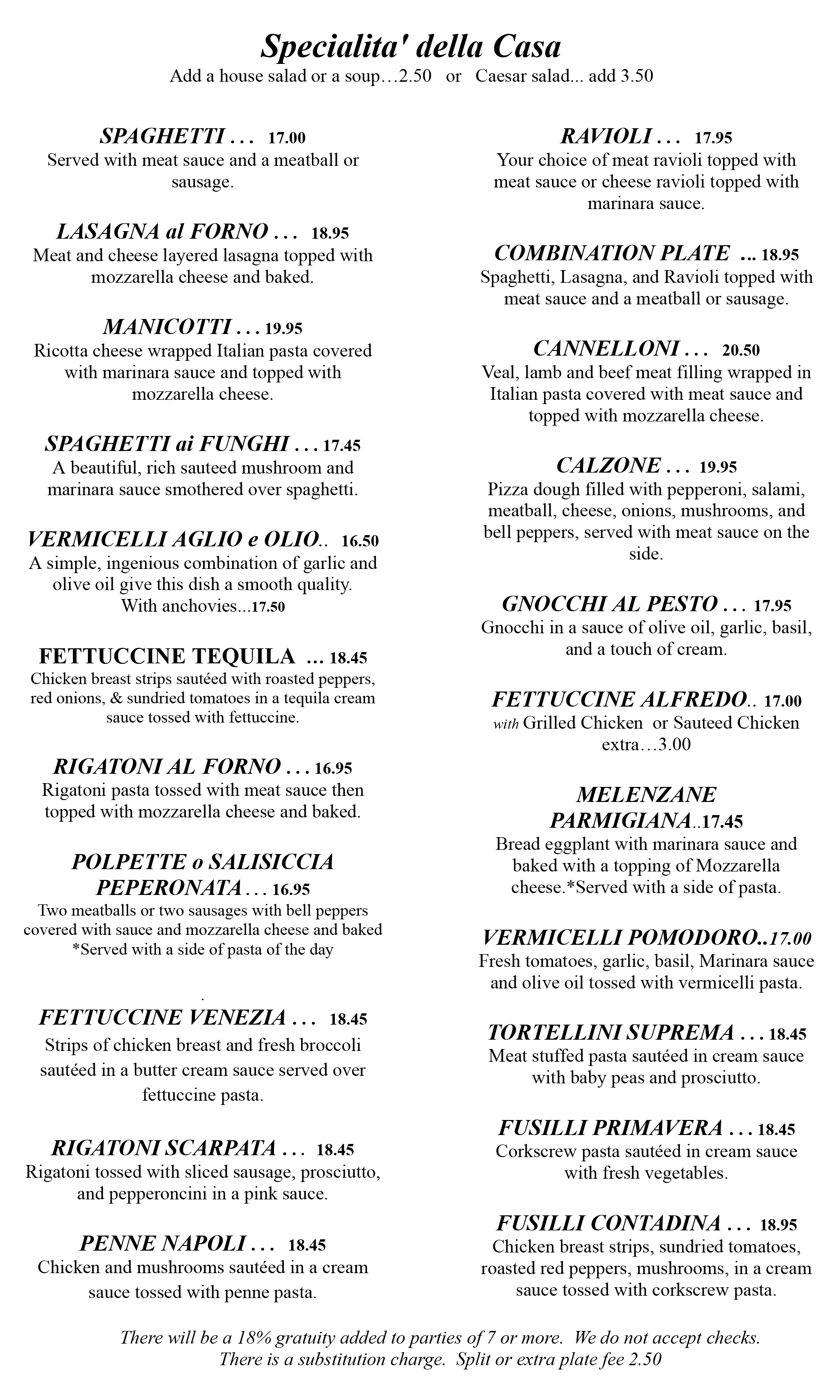 Specialita della Casa Menu