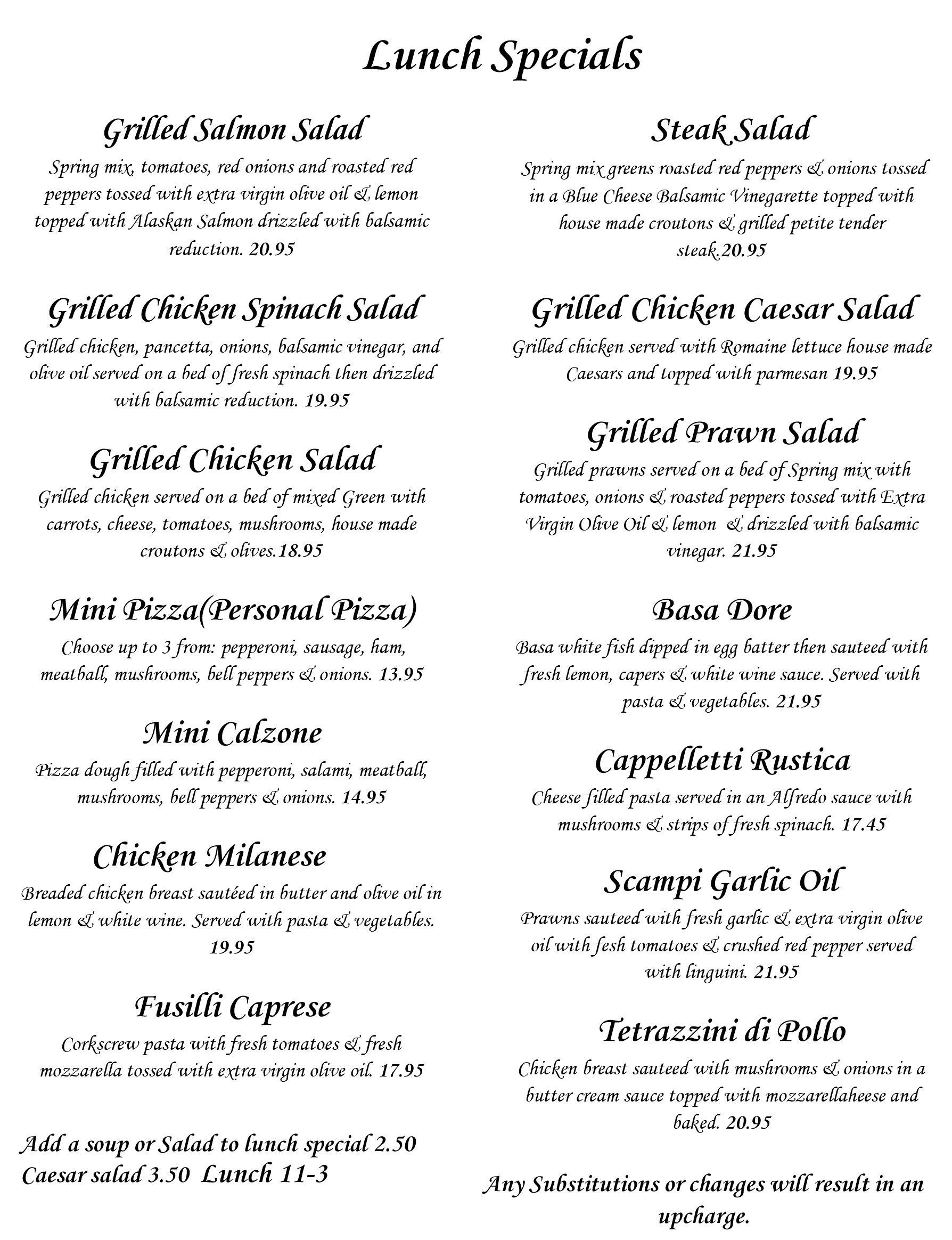 Lunch Specials menu 