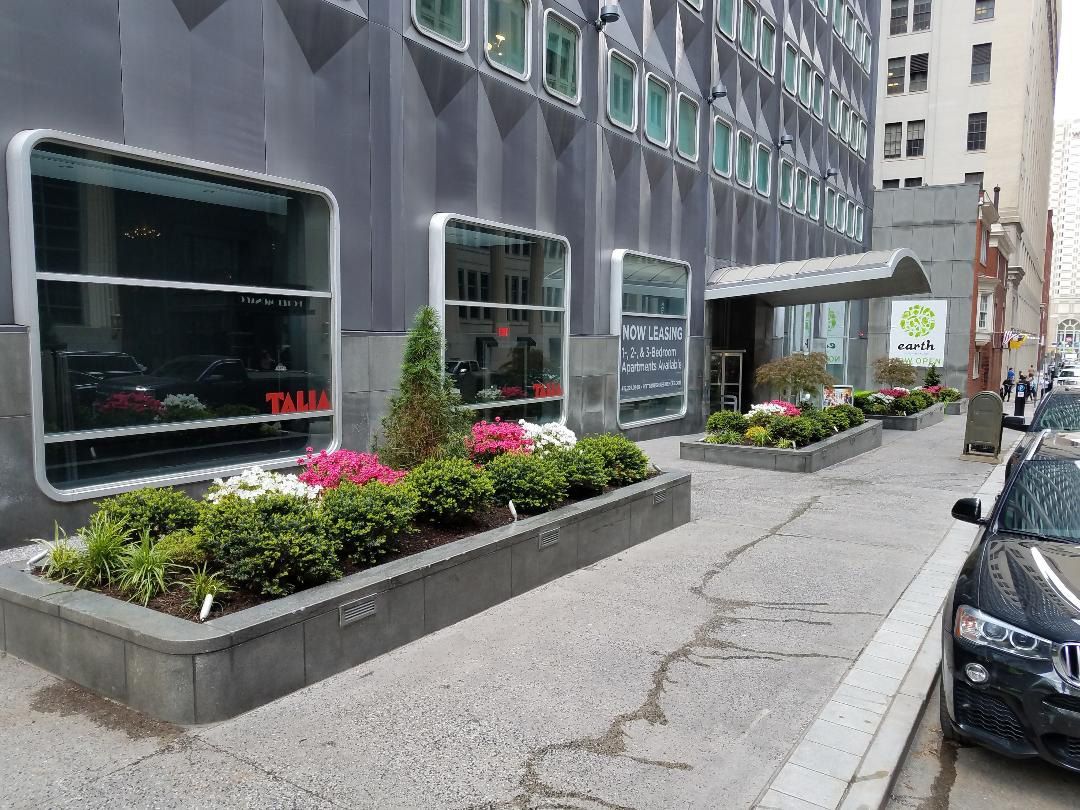 Sidewalk with low planters filled with green shrubs and colorful flowers beside a gray office building with large windows.