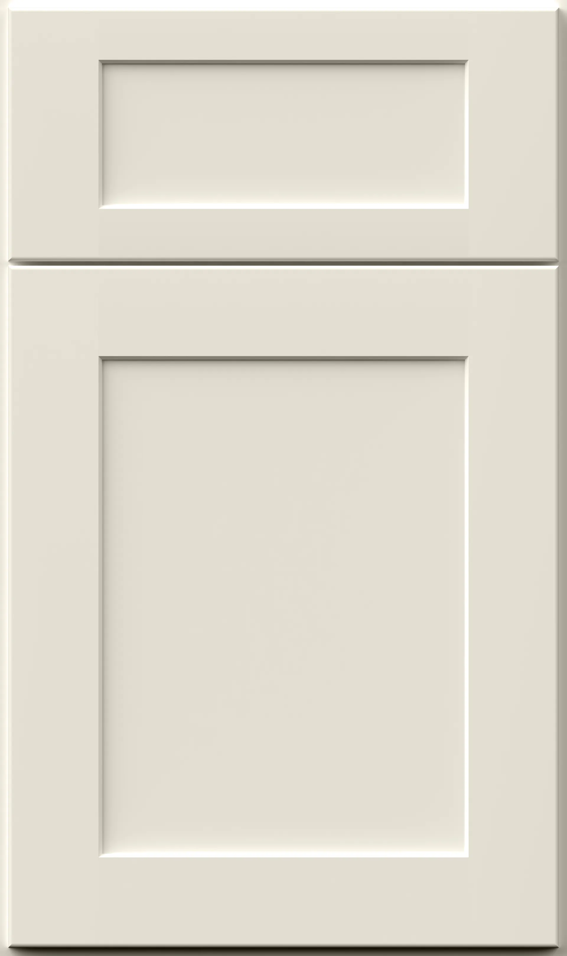 Cream-colored cabinet door with a rectangular recessed panel and a smaller upper panel.