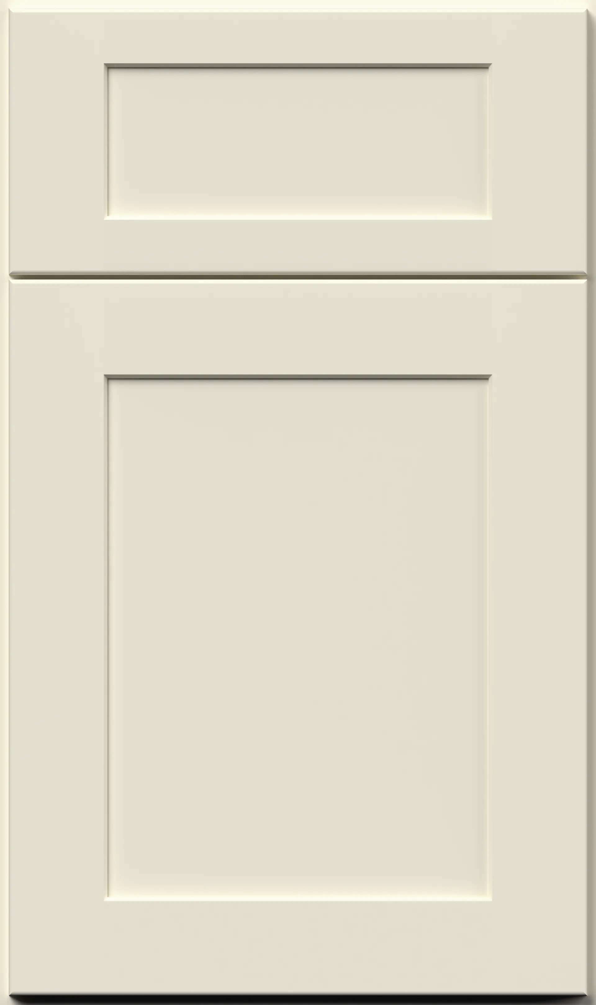 Cream-colored, two-panel cabinet door with a raised panel design, likely for kitchen or bathroom cabinetry.