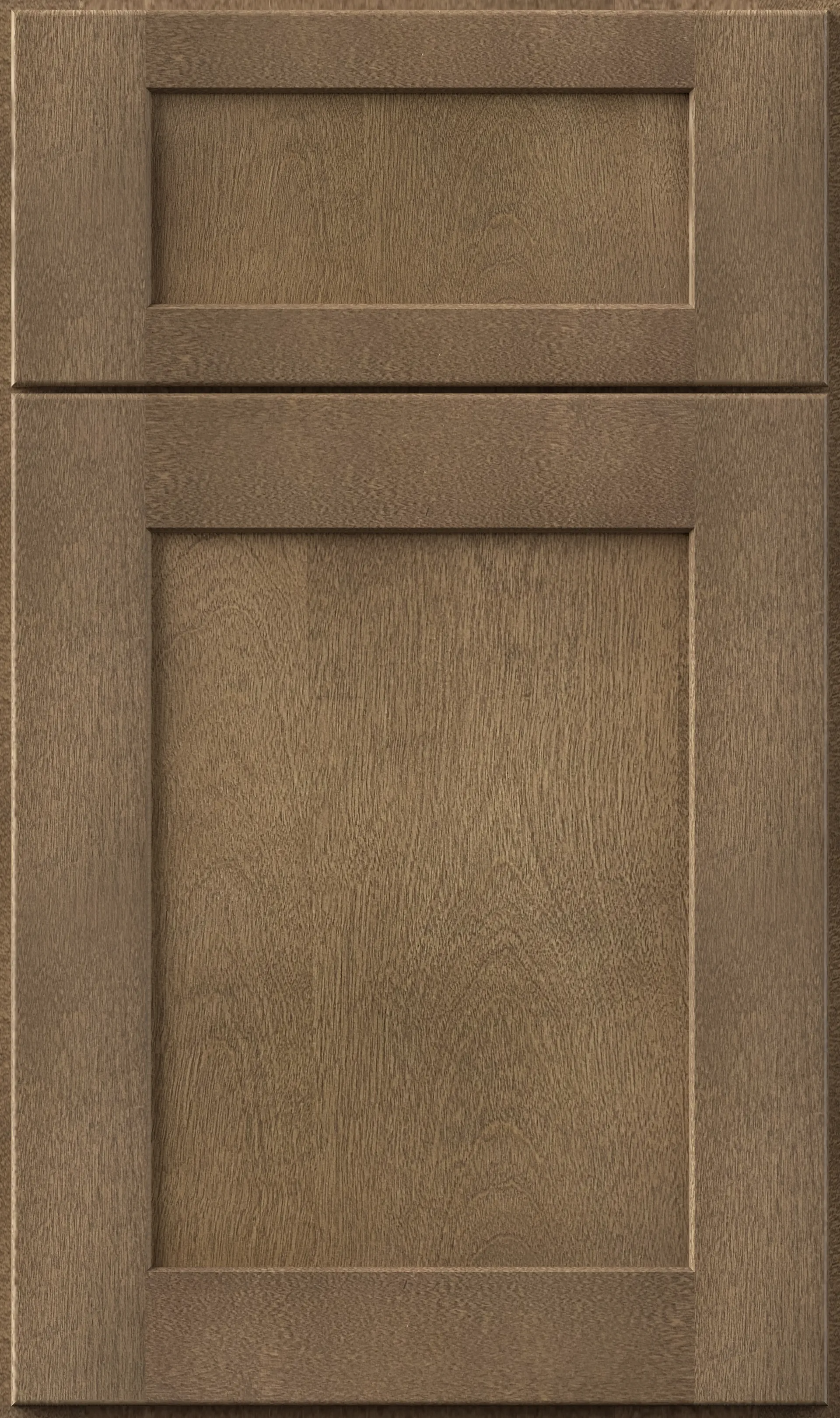 Wooden cabinet door with a framed, recessed panel in shades of brown.