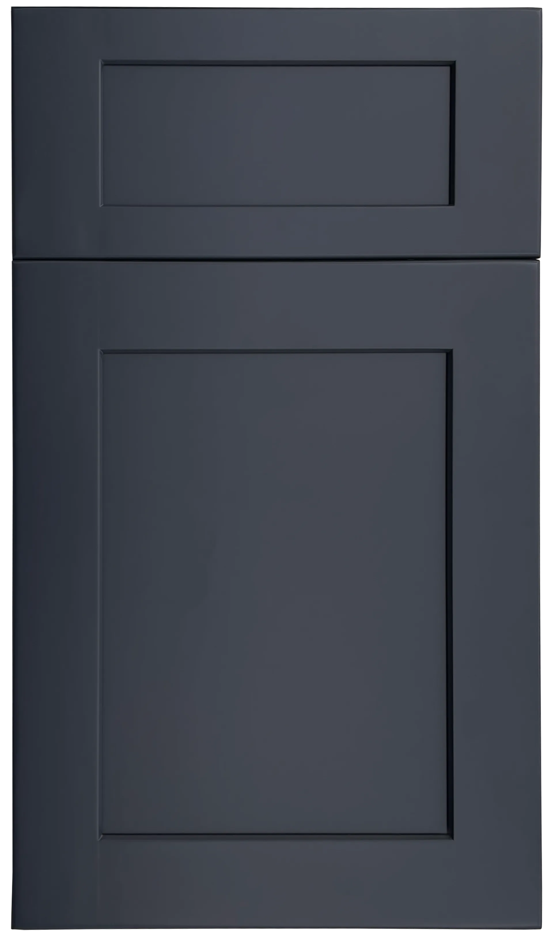 Dark blue cabinet door with recessed panel.
