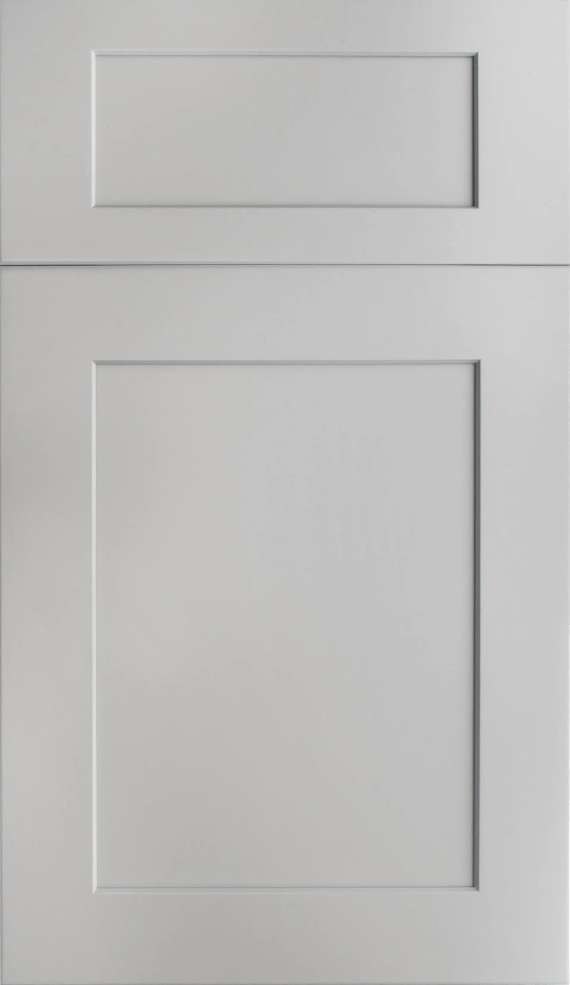 Gray shaker-style kitchen cabinet door with two inset panels.