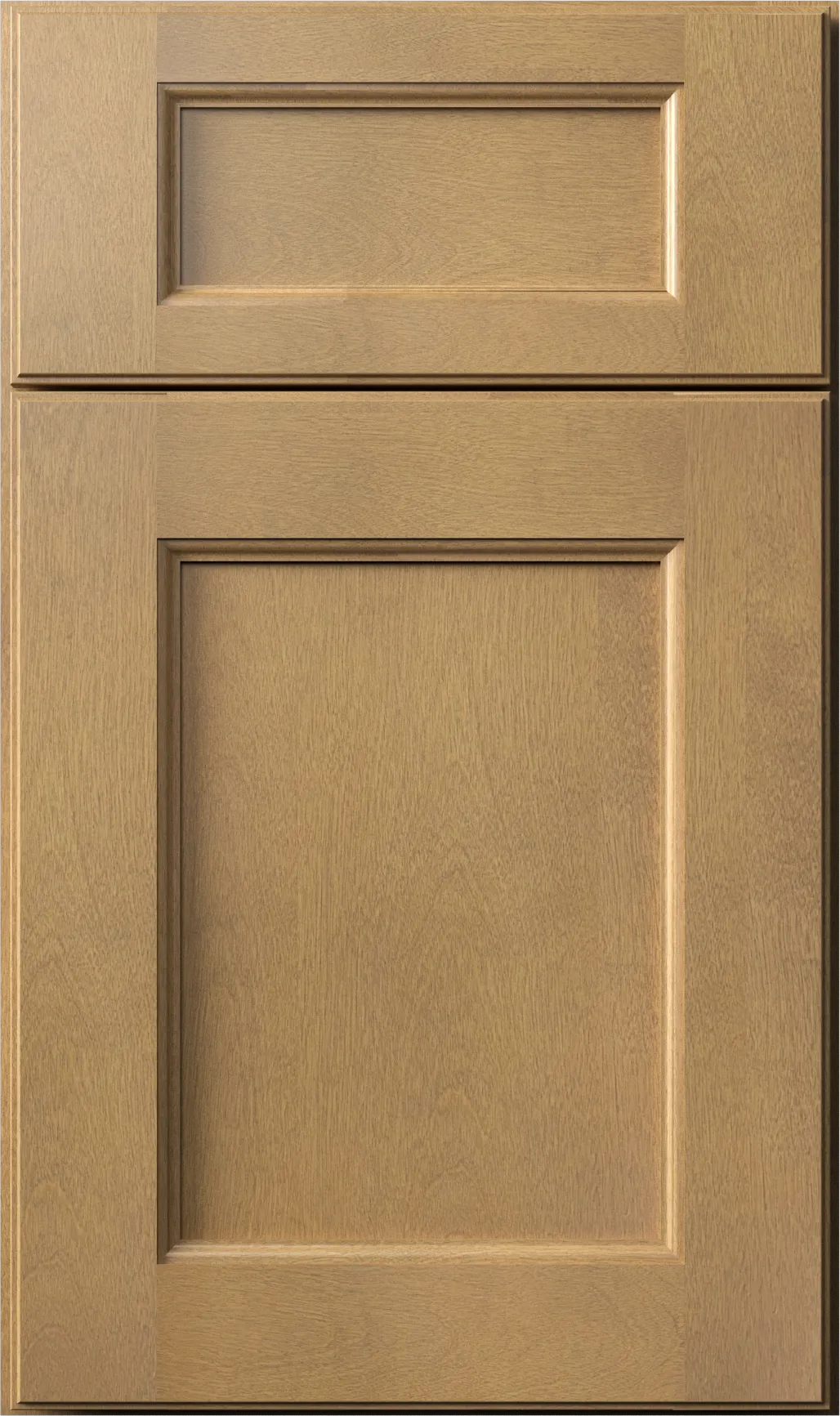 Tan cabinet door with raised panel detailing.