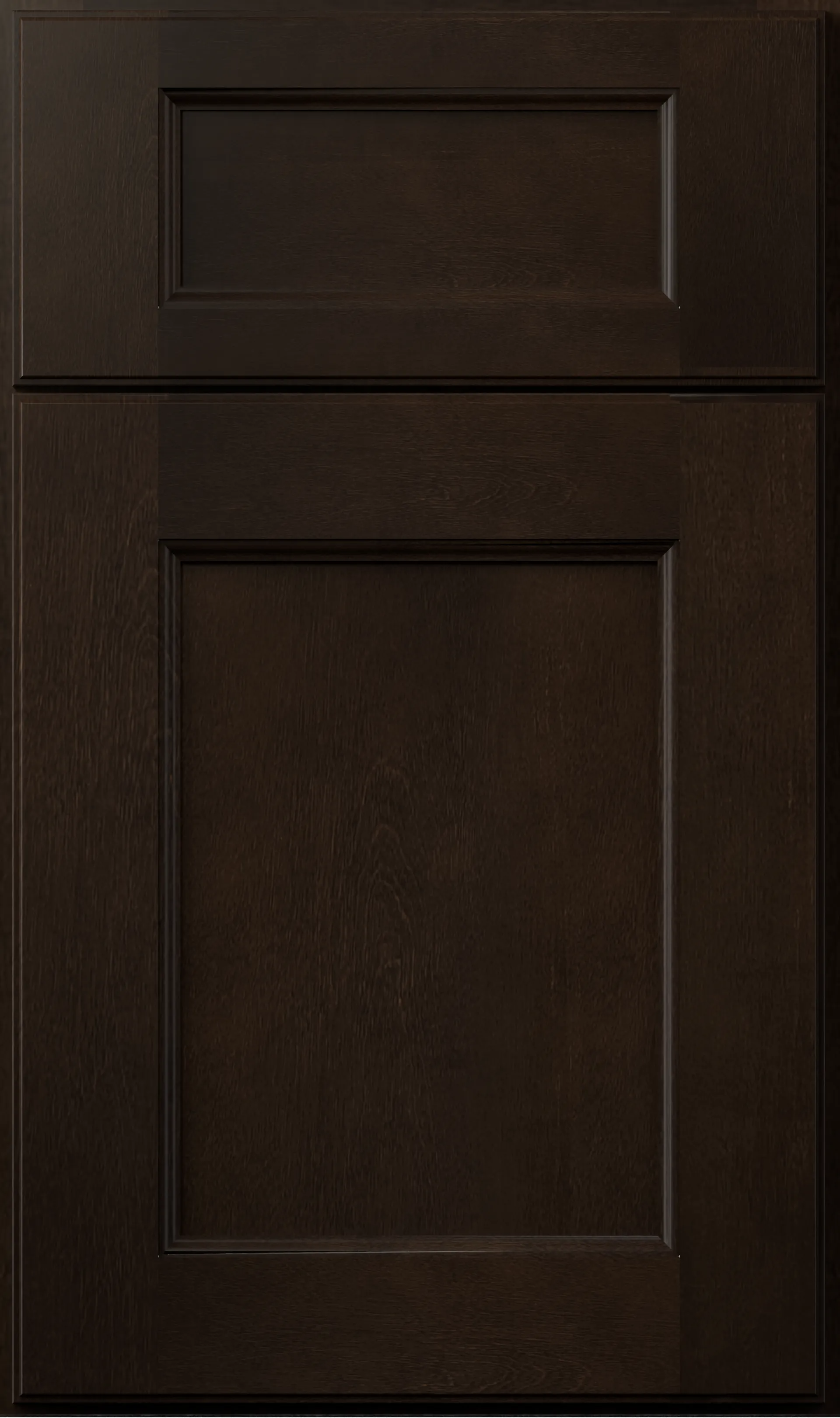 Dark brown cabinet door with recessed panel.