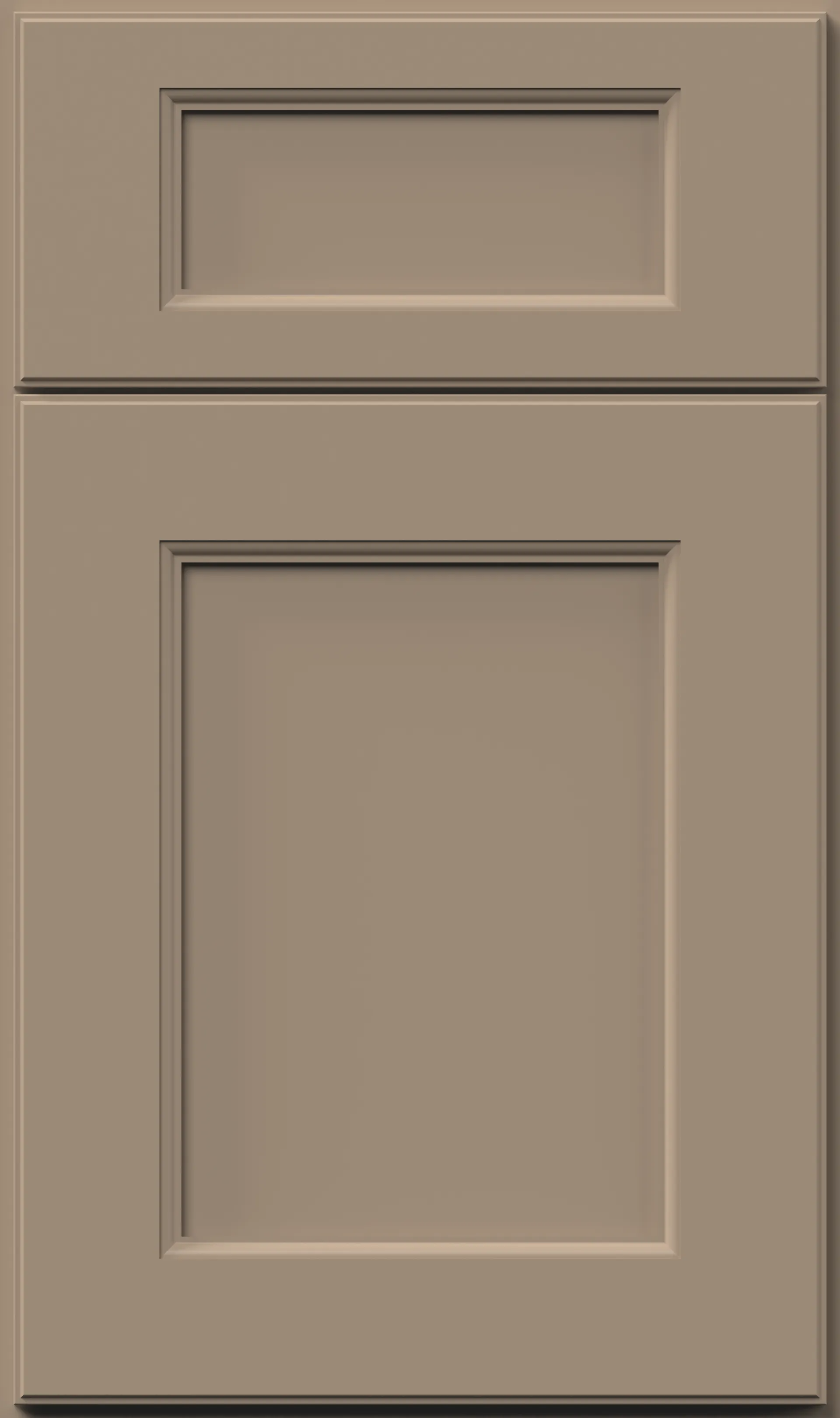 Tan, recessed panel cabinet door with a rectangular top and bottom panel.