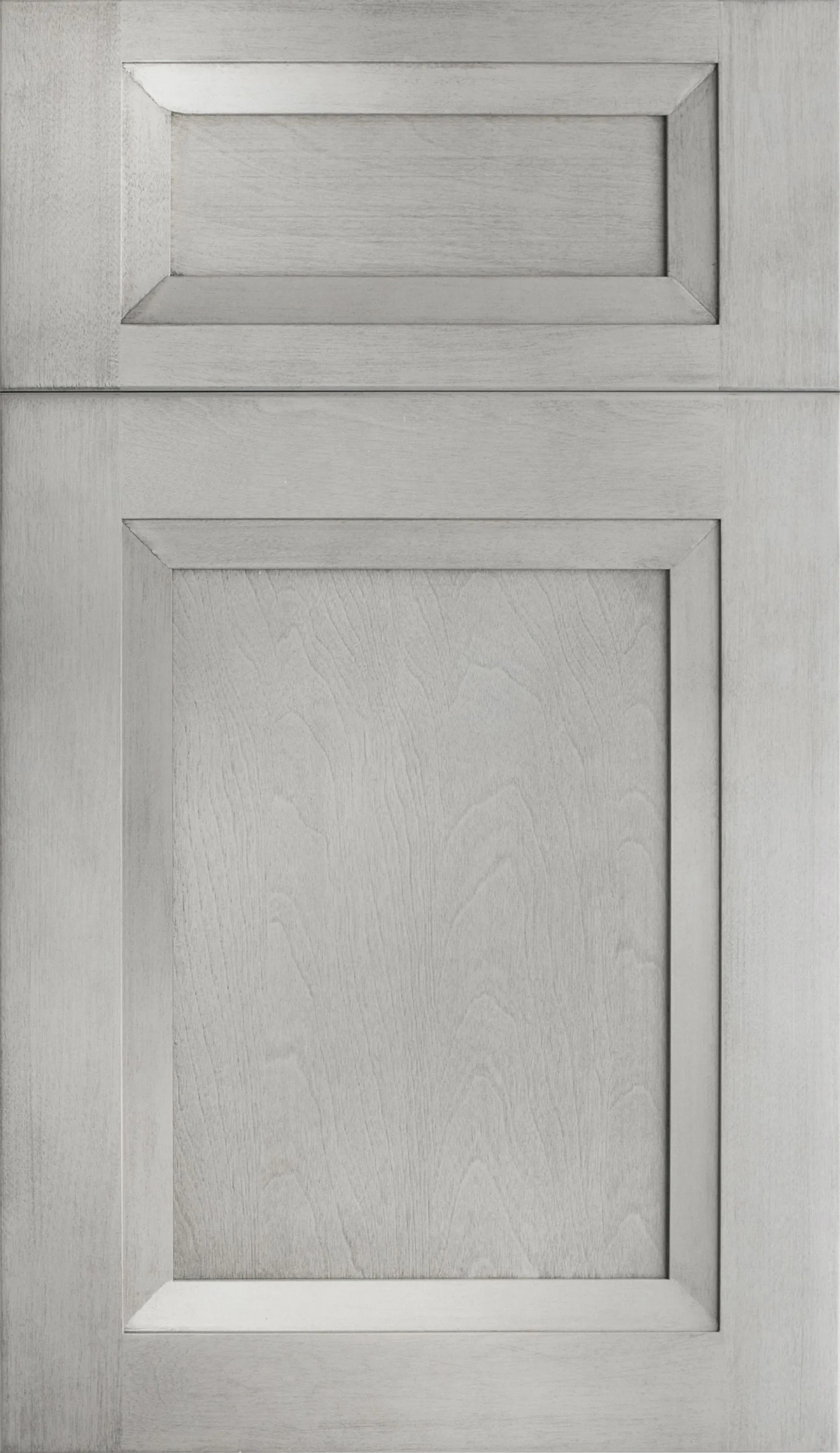 Gray, raised-panel cabinet door with rectangular details.