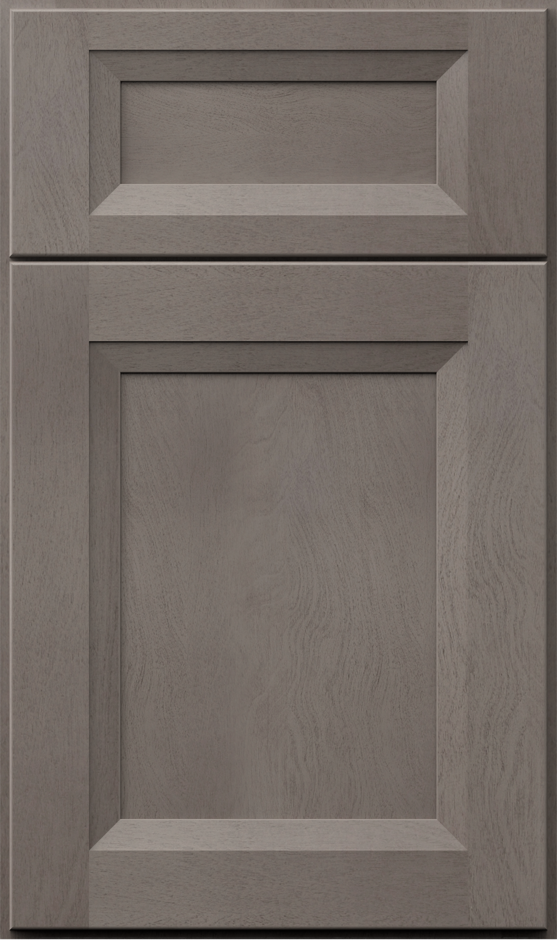 Gray Shaker-style cabinet door with a raised panel and recessed upper panel.