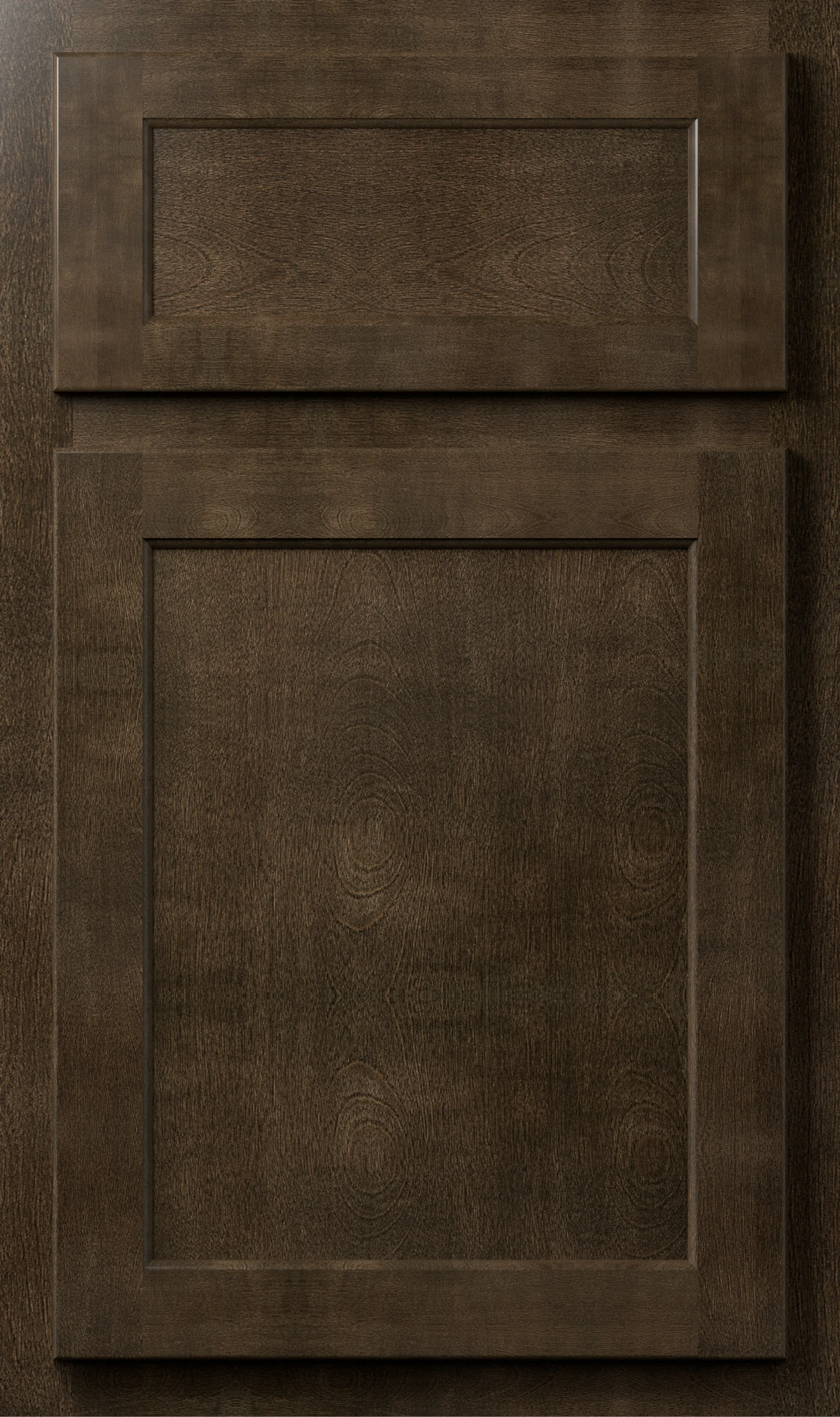 Dark brown kitchen cabinet door with a framed inset panel.