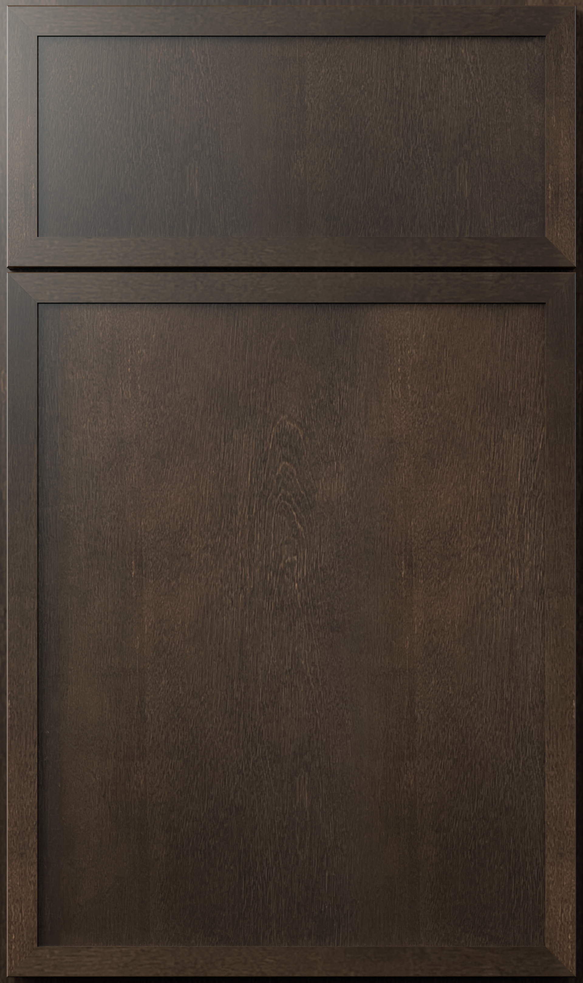 Dark brown wooden cabinet door with recessed panel.