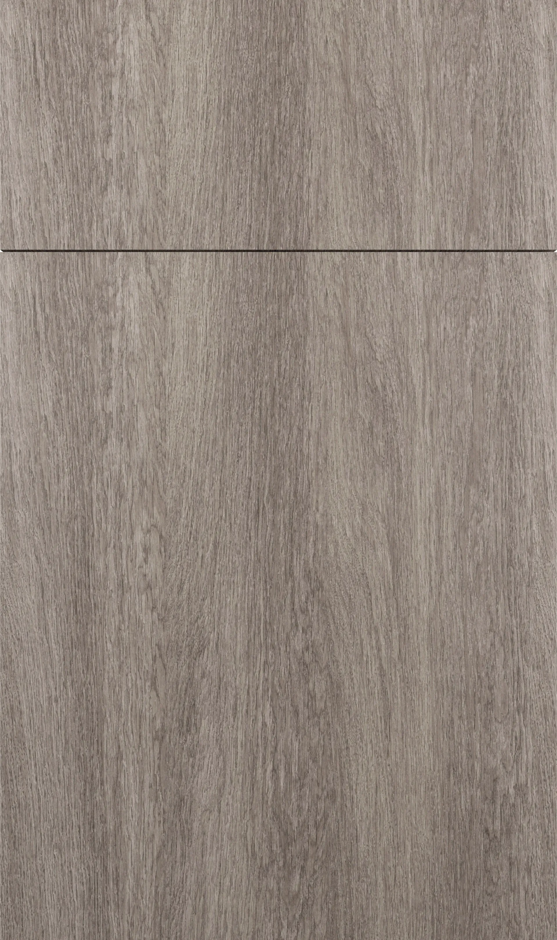 Gray woodgrain cabinet door with a horizontal groove.