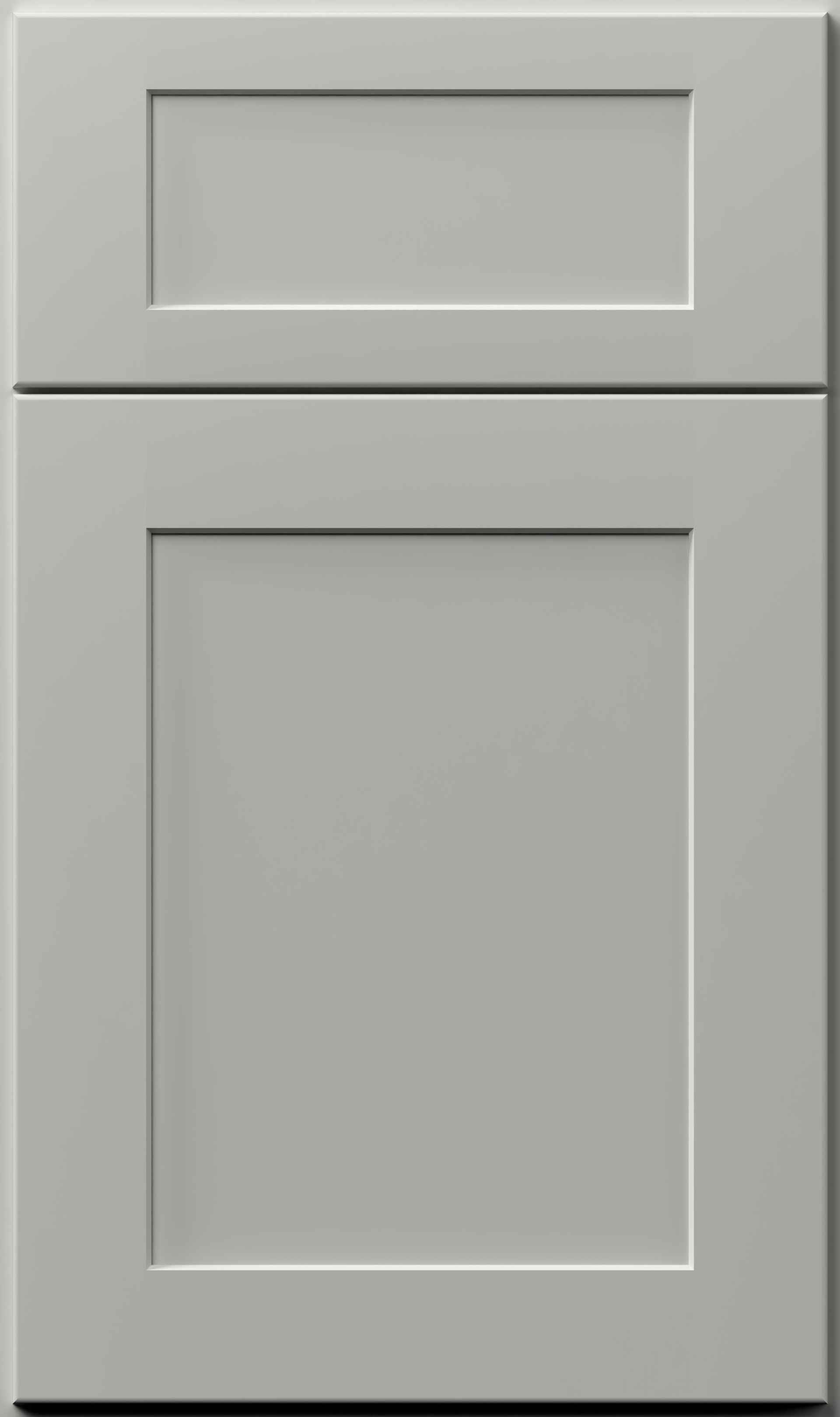 Gray cabinet door with a raised panel design.