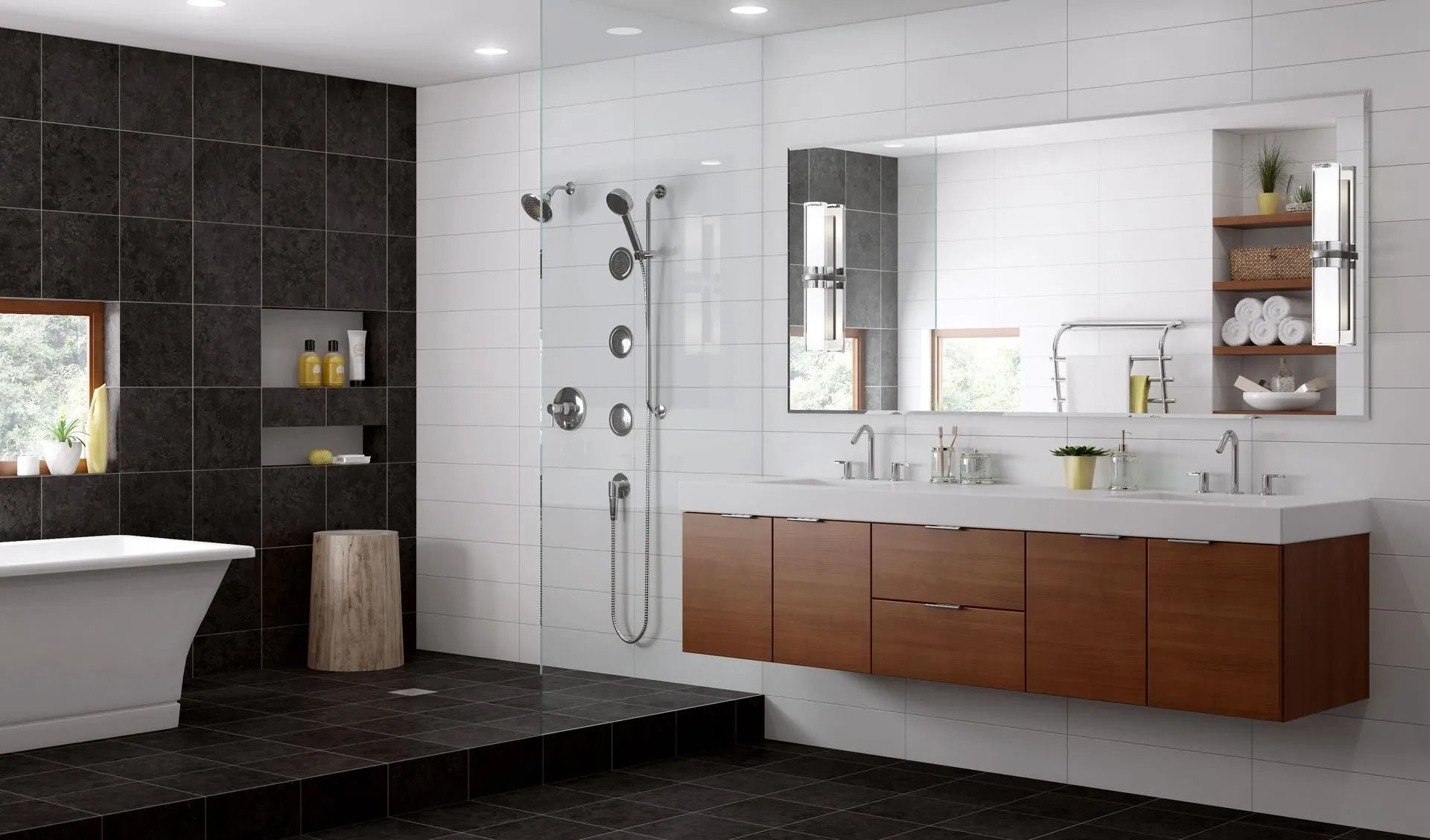 Modern bathroom with black tile shower, wooden vanity, and large mirror. White tub near window.
