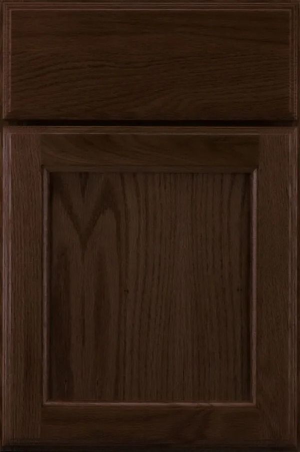 Dark brown wooden cabinet door with a raised panel.