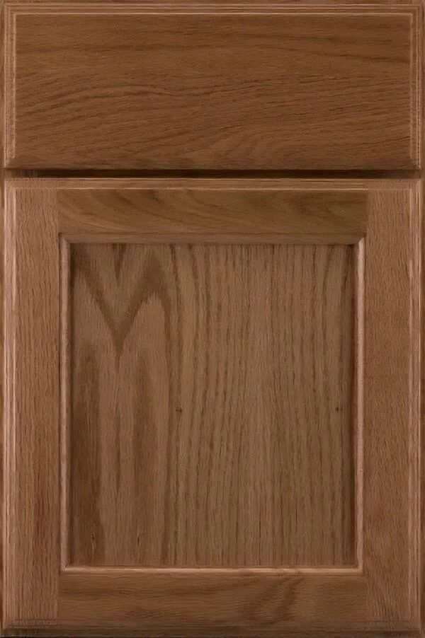 Wooden cabinet door with raised panel, stained brown.