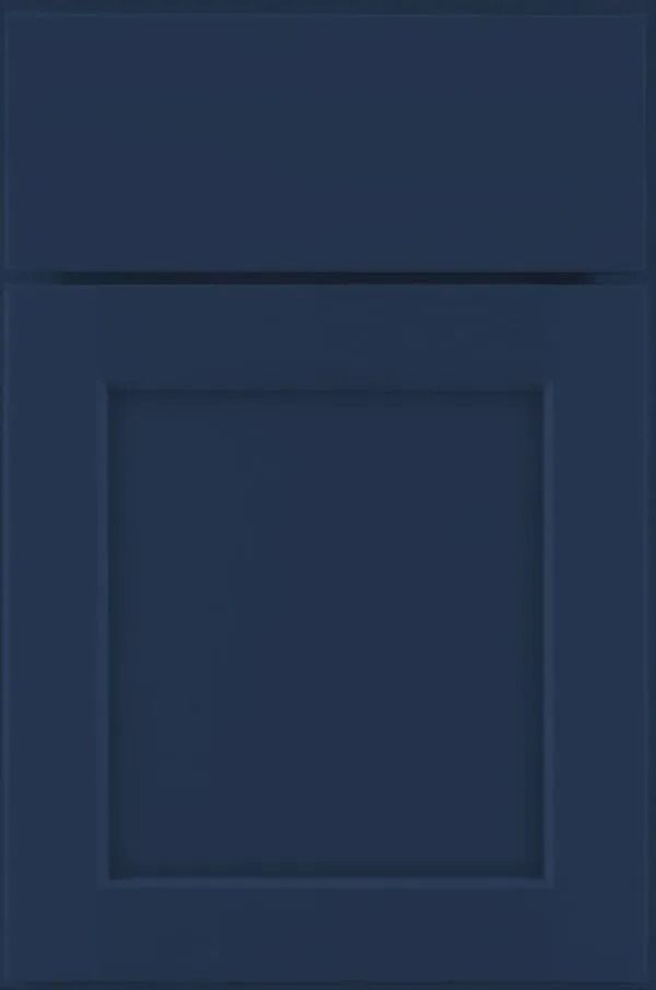Blue kitchen cabinet door with a raised panel.
