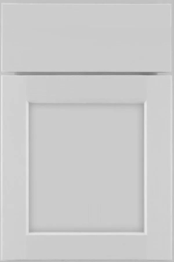 White, shaker-style cabinet door with a raised, square center panel and a small, horizontal top panel.