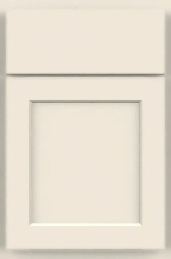 Cream-colored kitchen cabinet door with a shaker-style design; top section is a solid panel.