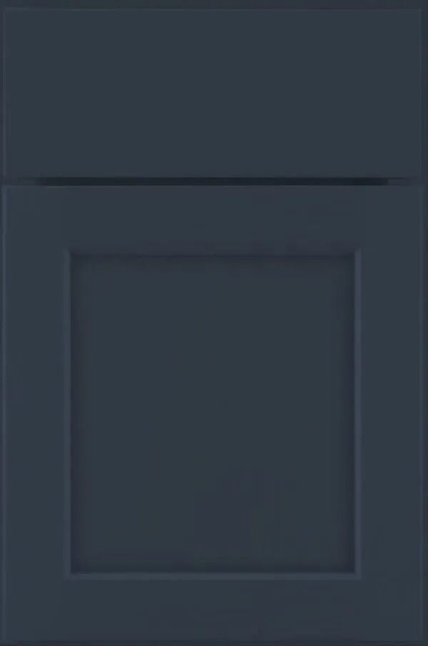 Dark blue cabinet door with a recessed square panel.