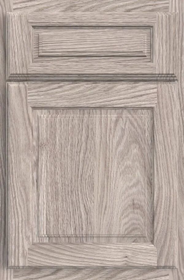 Gray wood cabinet door with a raised panel design.