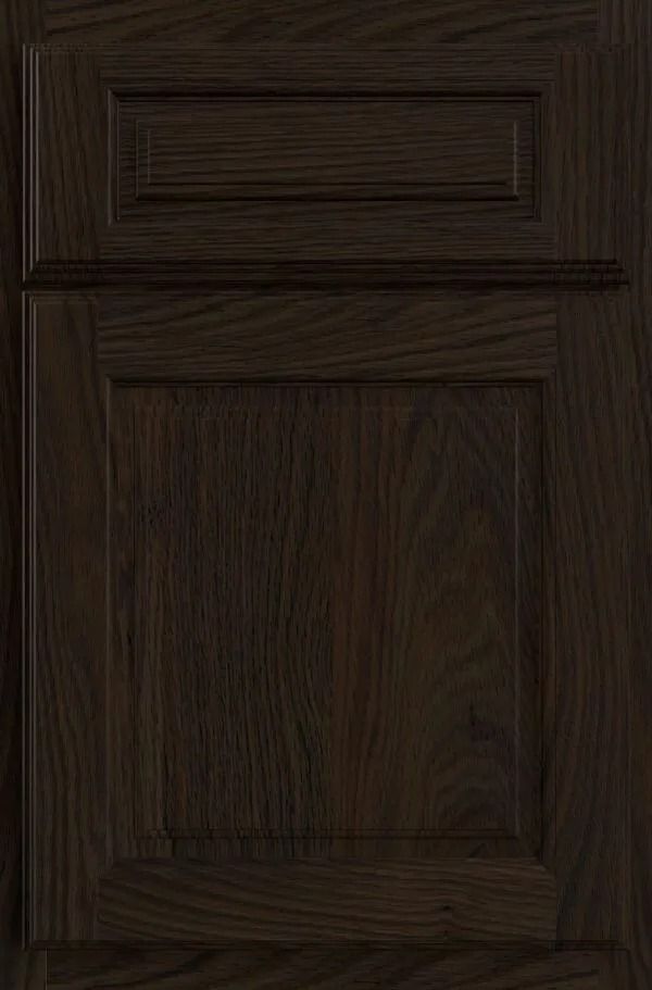 Dark brown, raised panel cabinet door with prominent wood grain texture.