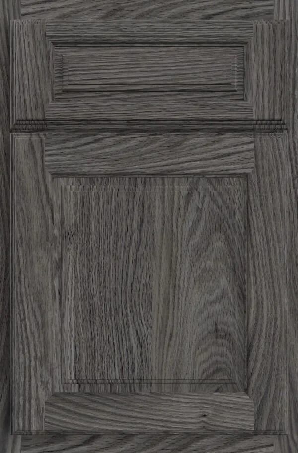 Dark gray wood cabinet door with raised panel and rectangular details.