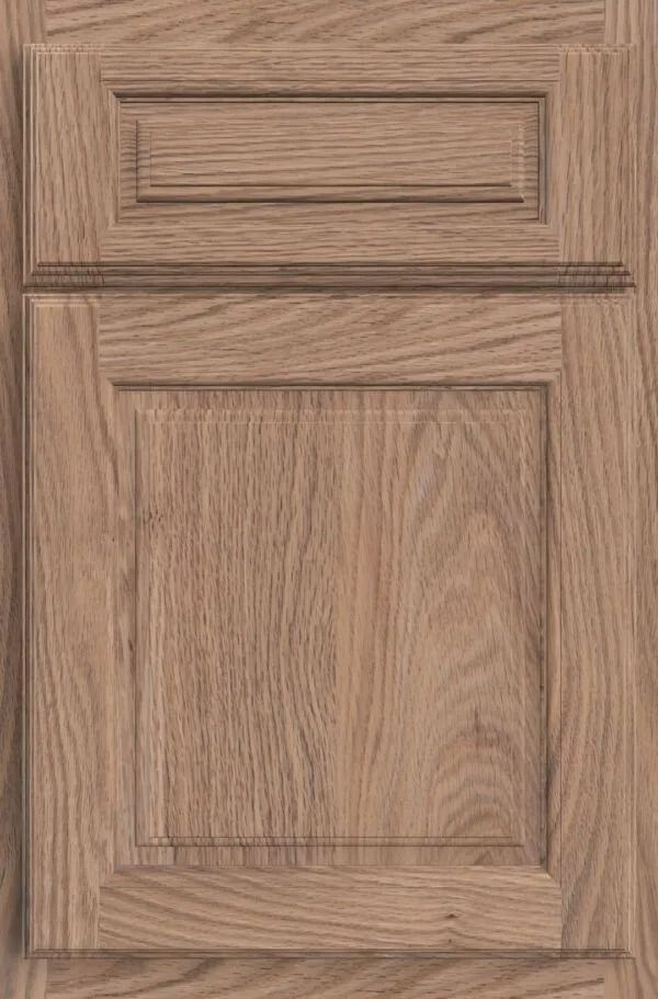 Wooden cabinet door with raised panel detailing, natural wood grain.