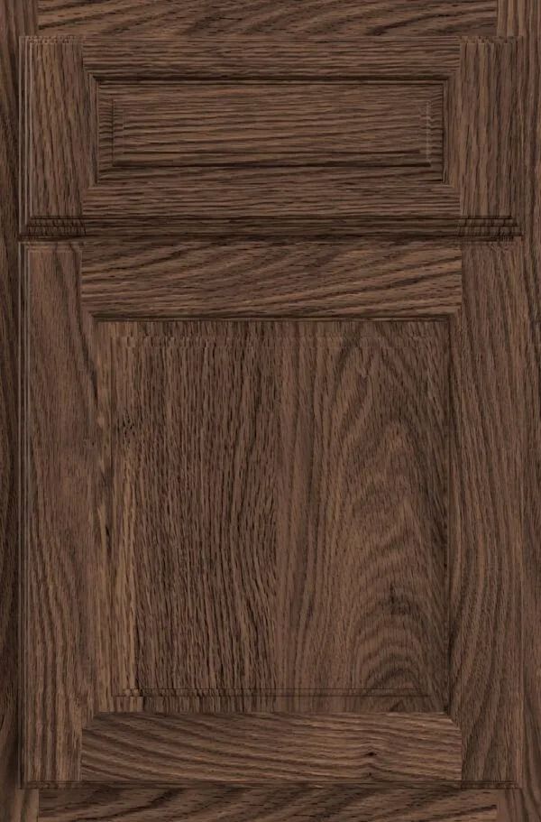 Dark brown wood cabinet door with raised panel and rectangular details.